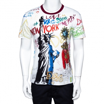 Pre Owned Dolce & Gabbana White Cotton Jersey Graffiti Print T-Shirt M