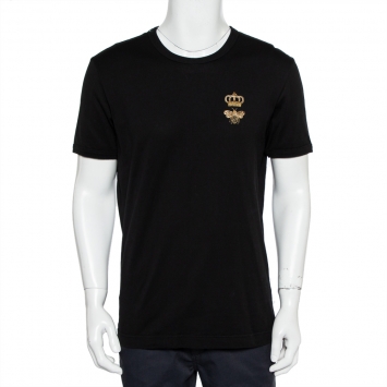 Pre Owned Dolce & Gabbana Black Bee Crown Embroidered Cotton Crewneck T-Shirt L
