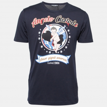 Pre Owned Dolce & Gabbana Navy Blue Angel Printed Cotton Crew Neck T-Shirt M