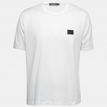 Pre Owned Dolce & Gabbana White Jersey Plaque Detail Crew Neck T-Shirt XL