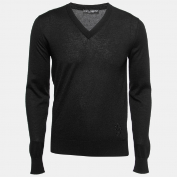 Pre Owned Dolce & Gabbana Black Cashmere Logo Embroidered V-Neck Sweater S