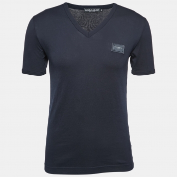 Pre Owned Dolce & Gabbana Navy Blue Cotton V-Neck T-Shirt XS