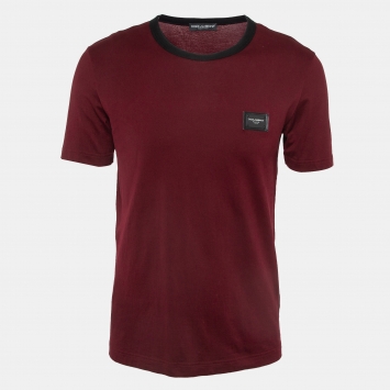 Pre Owned Dolce & Gabbana Burgundy Logo Applique Cotton Knit Crew Neck T-Shirt M