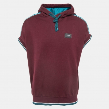 Pre Owned Dolce & Gabbana Burgundy Logo Applique Cotton Short Sleeve Hoodie M