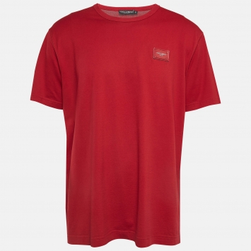 Pre Owned Dolce & Gabbana Red Cotton Knit Logo Patch Round Neck Tshirt XXXL