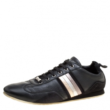 Pre Owned Dolce and Gabbana Black Leather Metallic Stripes Low Top Sneakers Size 43