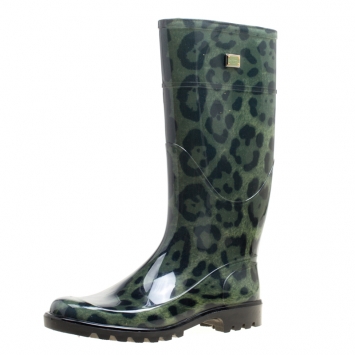 Pre Owned Dolce and Gabbana Green Leopard Print Wellington Rubber Boots Size 40