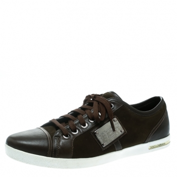 Pre Owned  Dolce and Gabbana Brown Leather/Suede Logo Plaque Sneakers Size 44