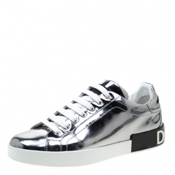 Pre Owned Dolce & Gabbana Metallic Silver Mirror Leather Platform Sneakers Size 42.5