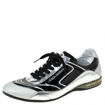 مملوكة مسبقًا Dolce And Gabbana Grey/Black Patent Leather and Fabric Lace Up Low Top Sneakers Size 43