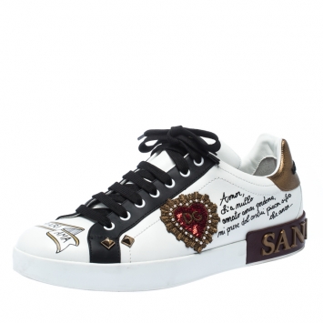 Pre Owned Dolce and Gabbana White Leather Heart Patch Embellished Lace Up Sneakers Size 44