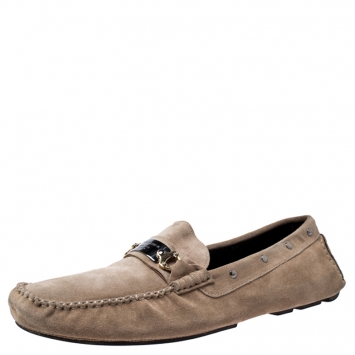 Pre Owned Dolce and Gabbana Beige Suede Metal Logo Slip On Loafers Size 44