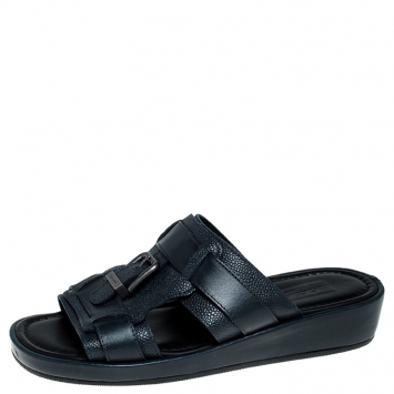 Pre Owned Dolce and Gabbana Navy Blue Leather Buckle Platform Slide Sandals Size 40