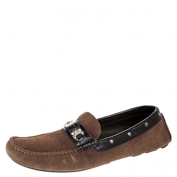 Pre Owned Dolce and Gabbana Brown Suede And Leather Logo Plate Slip On Loafers Size 43