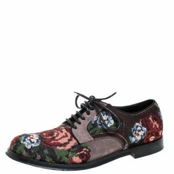 Pre Owned Dolce & Gabbana Multicolor Cross-stitched Rose Suede And Velvet Derby Size 41