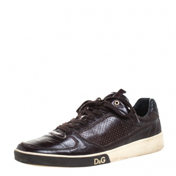 Pre Owned Dolce & Gabbana Brown Perforated Leather Lace Up Low Top Sneakers Size 44
