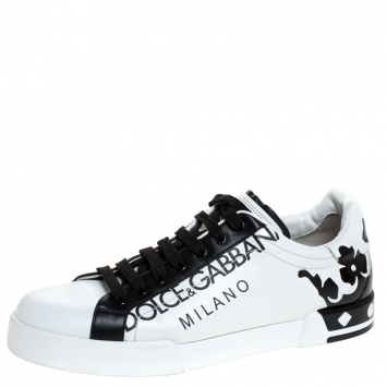 Pre Owned Dolce & Gabbana White/Black Leather Portofino Low Top Sneakers Size 43