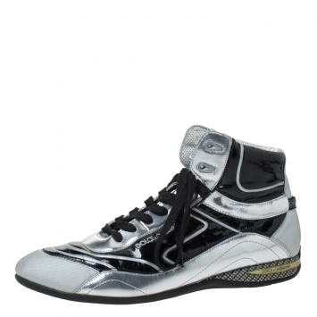 Pre Owned Dolce & Gabbana Silver/Black Leather, Canvas and Patent High Top Sneakers Size 44