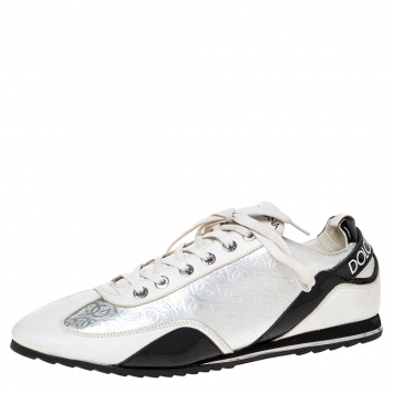 Pre Owned Dolce & Gabbana White/Black Patent and Leather Logo Low Top Sneakers Size 45