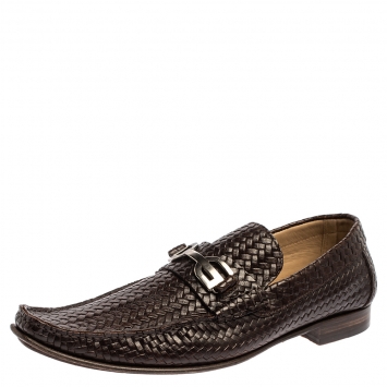 Pre Owned Dolce and Gabbana Brown Woven Leather Slip On Loafers Size 45