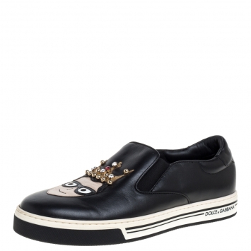 Pre Owned Dolce & Gabbana Black Leather Family Slip On Sneakers Size 40