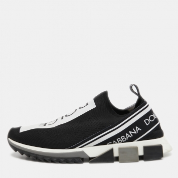 Pre Owned Dolce & Gabbana Black/White Logo Print Knit Fabric Sorrento Sneakers Size 44