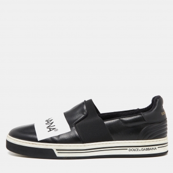 Pre Owned Dolce & Gabbana Black Printed Logo Coated Canvas and Leather Slip On Sneakers Size 44