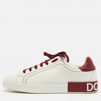 Pre Owned Dolce & Gabbana White/Burgundy Leather Portifino Sneakers Size 44 