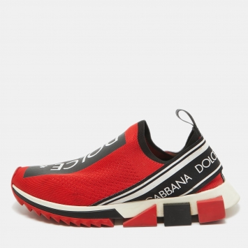 Pre Owned Dolce & Gabbana Red/Black Knit Fabric Sorrento Sneakers Size 43