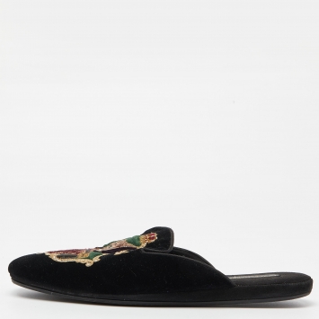 Pre Owned Dolce & Gabbana Black Velvet Embroidered Flat Mules Size 43