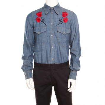 Pre Owned Dsquared2 Indigo Chambray Embroidered Rose Detail Slim Fit Shirt  L