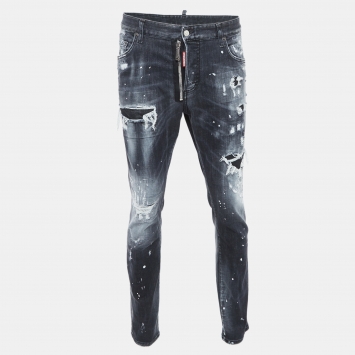 Pre Owned Dsquared2 Grey Printed & Distressed Denim Skater Jeans XL Waist 38"