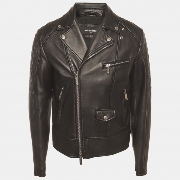مملوكة مسبقًا Dsquared2 Black Quilted Detail Leather Biker Jacket L