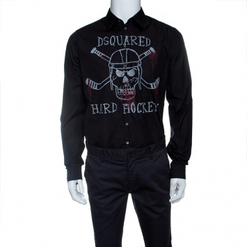 Pre Owned Dsquared2 Black Printed Cotton Long Sleeve Hard Hockey Shirt L