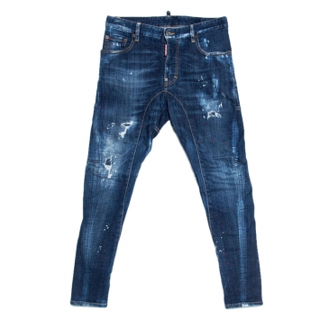 Pre Owned Dsquared2 Blue Distressed Denim Paint Splatter Detail Tidy Biker Jeans XS