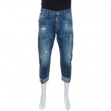Pre Owned Dsquared2 Indigo Washed & Distressed Denim Cropped Work Wear Jeans M