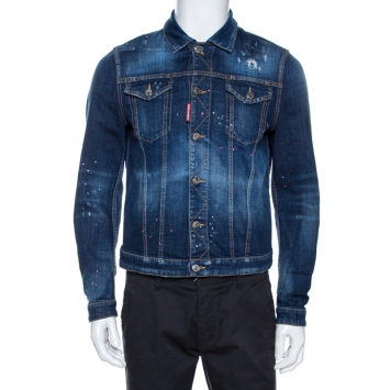 Pre Owned Dsquared2 Indigo Graphic Print Appliqued Classic Jean Jacket M