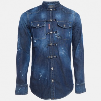 Pre Owned Dsquared2 Blue Mandarin Toggle Distressed Denim Shirt M