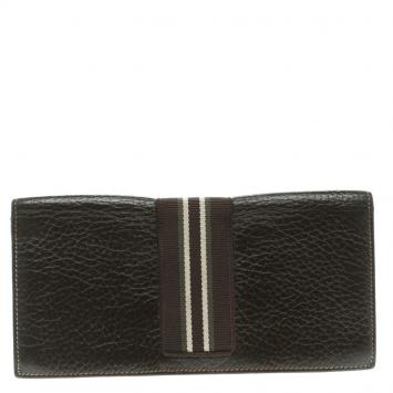 Pre Owned Dunhill Dark Brown Leather Stripe Long Wallet