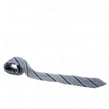 Pre Owned Emporio Armani Grey and Blue Diagonal Striped Wool Tie