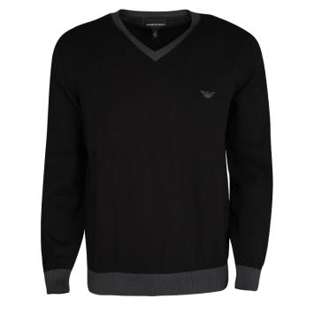 مملوكة مسبقًا Emporio Armani Black Contrast Rib Trim and Elbow Patch Detail V Neck Sweater M