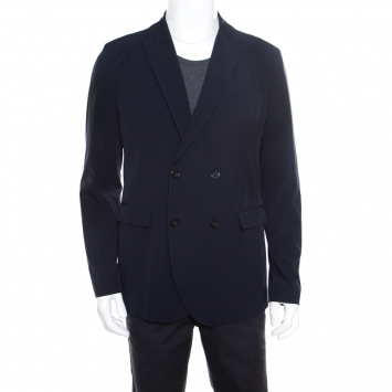 Pre Owned Emporio Armani Navy Blue Nylon Fingerprint Lined Double Breasted Jacket XL