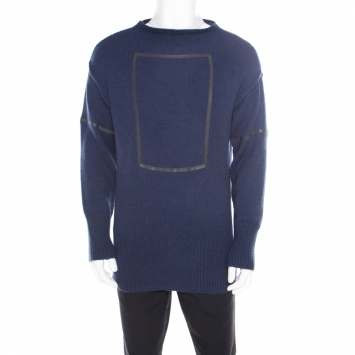 مملوكة مسبقًا Emporio Armani Blue Square Patterned Tape Detail Alpaca Sweater M