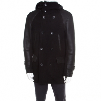 Pre Owned Emporio Armani Black Chunky Knit Leather Paneled Hooded Double Breasted Jacket XL