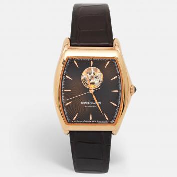 Pre Owned Emporio Armani Brown Gold Plated Stainless Steel Alligator Leather Classic ARS3355 Men's Wristwatch 45 mm