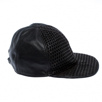 Pre Owned Emporio Armani Black Leather Cutout Baseball Cap Size S