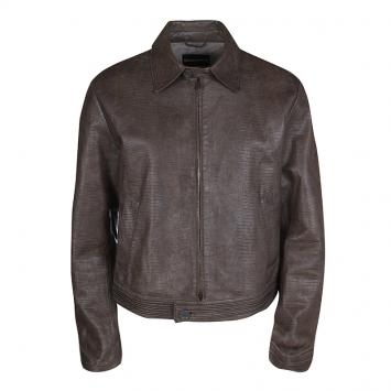 Pre Owned Emporio Armani Brown Embossed Leather Zip Front Jacket XL