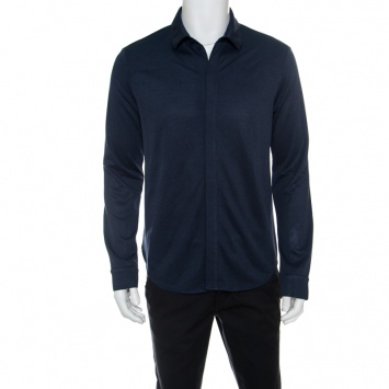 مملوكة مسبقًا Emporio Armani Navy Blue Jacquard Knit Long Sleeve Shirt M