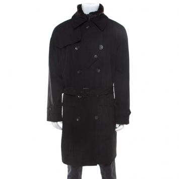 Pre Owned Emporio Armani Black Wool Blend Fur Lined Quilted Vest Detail Overcoat XXL