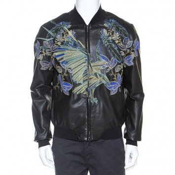 Pre Owned Emporio Armani Black Embroidered Lamb Leather Bomber Jacket XL